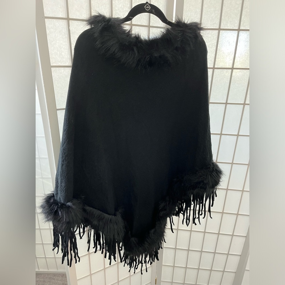 Vintage Black Poncho with Fur and Tassels